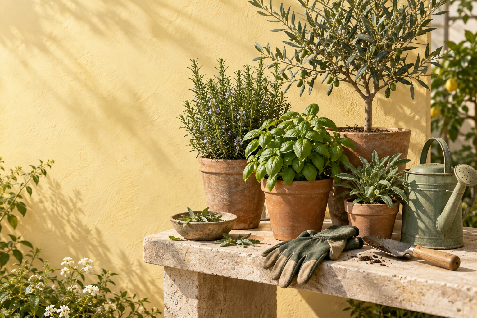 Spring campaign herbs and terracotta pots in a sunlit courtyard